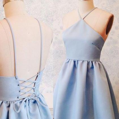 A-line Halter Above-knee Lace-up Blue Stretch..