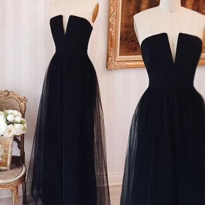 Simple Black A-line Collarless Tulle Long Prom..