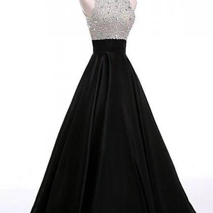 Long Black A-line Round Neck Open Back Beading..