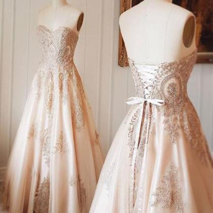 Gorgeous Champagne Long Prom Dress Sweetheart Lace..