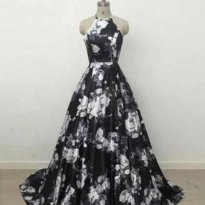Simple Black Flower Ball Gown Halter Satin Long..