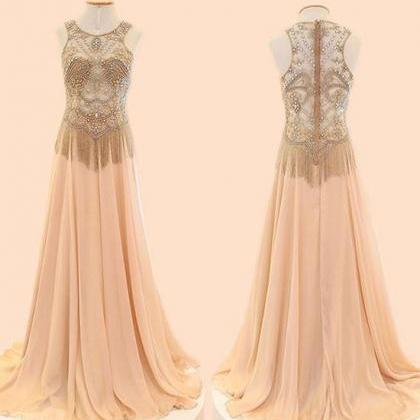 Champagne A-line Round Neck Chiffon Beaded Long..