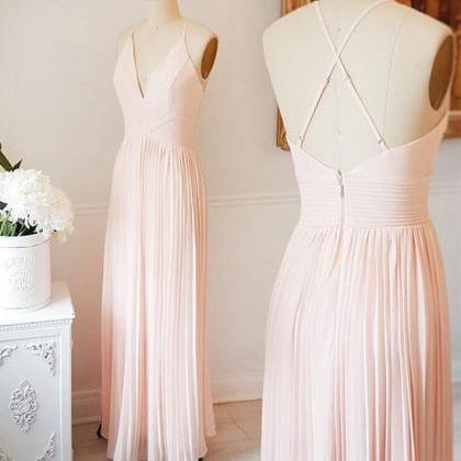 Cute Light Pink A Line V Neck Chiffon Long Prom..