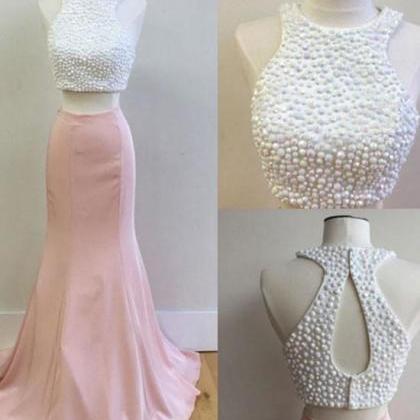 Pink Two Pieces Round Neck Satin Prom Dress Pink..