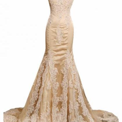 Elegant Champagne Mermaid V-neck Prom Dresses..