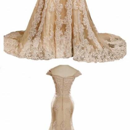 Elegant Champagne Mermaid V-neck Prom Dresses..