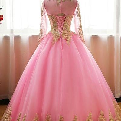 Classy Pink Ball Gown Round Neck Beading Applique..