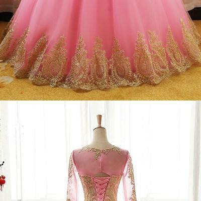 Classy Pink Ball Gown Round Neck Beading Applique..