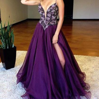 Charming Purple Prom Dress Spaghetti Beaded Tulle..