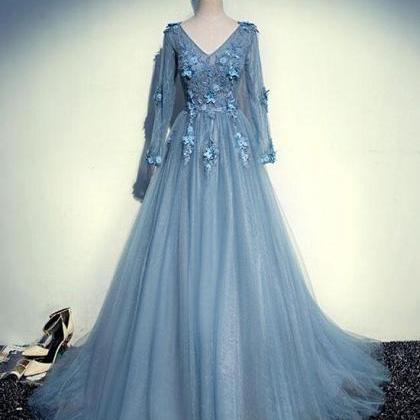 Blue Long Prom Dress V Neck Applique Tulle Evening..