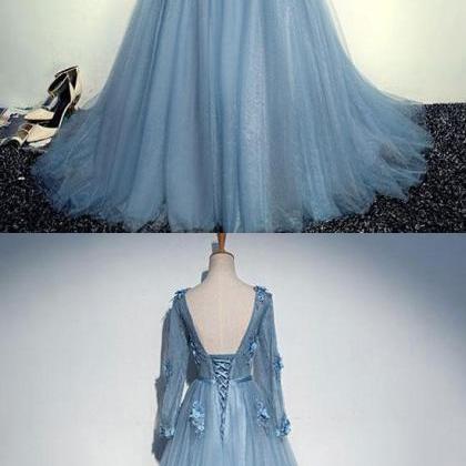 Blue Long Prom Dress V Neck Applique Tulle Evening..