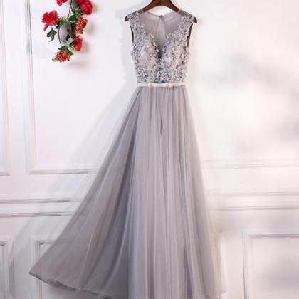 Gray A-line Round Neck Lace Tulle Long Prom Dress,..