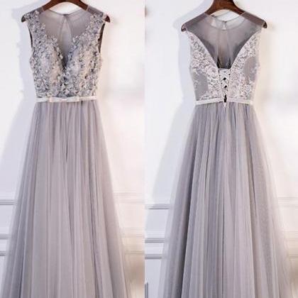 Gray A-line Round Neck Lace Tulle Long Prom Dress,..