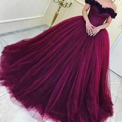 Burgundy Tulle Long Prom Gown, Burgundy Evening..