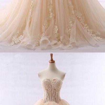 Champagne Strapless Long Beaded Fishbone Prom..