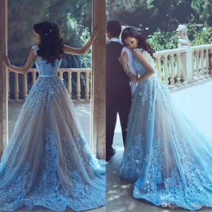 A-line Blue Sleeveless Tulle Wedding Dress 2017..