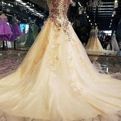 Champagne Tulle Lace Applique Long Prom Dress,..