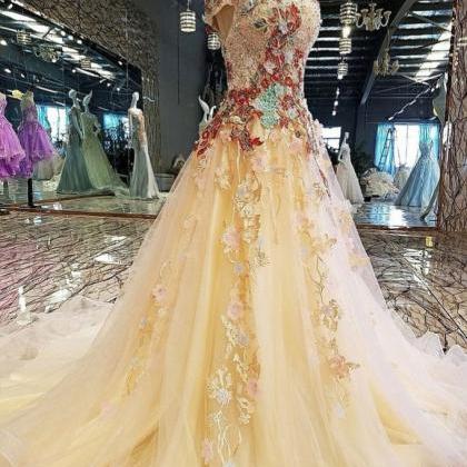 Champagne Tulle Lace Applique Long Prom Dress,..