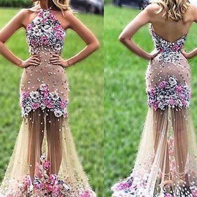 Pretty Tulle Flowers Applique See-through Halter..