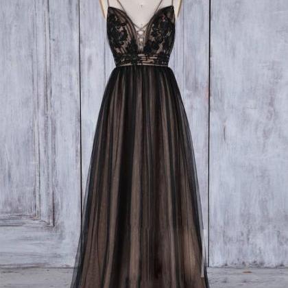 Black V Neck Lace Tulle Long Prom Dress, Black..