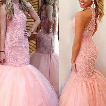 Chic Round Neck Long Pink Mermaid Prom Dress With..