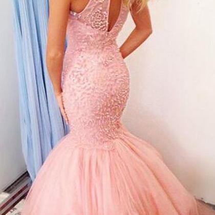 Chic Round Neck Long Pink Mermaid Prom Dress With..