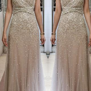 Champagne Tulle Sequins Luxury V Neck Long Chiffon..