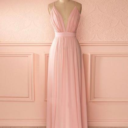 Simple Pink A-line Spaghetti Straps Long Prom..