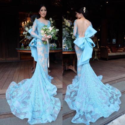 Sky Blue Mermaid Long Sleeves Open Back With Big Bow Lace Tulle Charming  Prom Dress