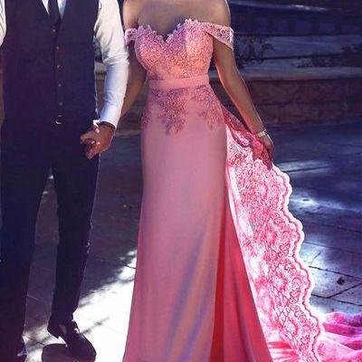 Arrival Mermaid Off Shoulder Pink Lace Long Prom..