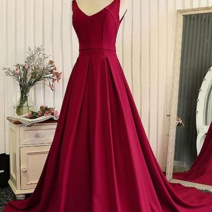 Red V Neck Satin Long Prom Dress, Red Evening..