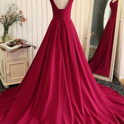 Red V Neck Satin Long Prom Dress, Red Evening..