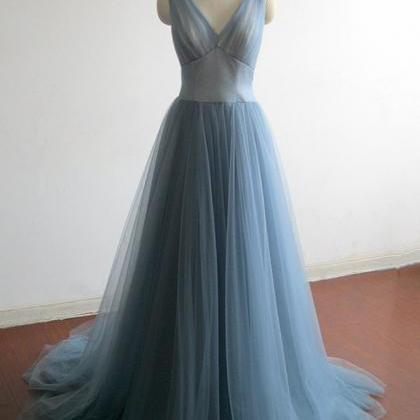 Simple Gray Blue Tulle Long Prom Dress, Evening..