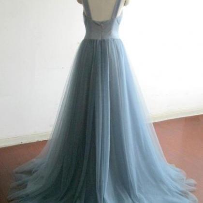 Simple Gray Blue Tulle Long Prom Dress, Evening..