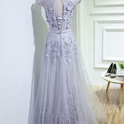 Gray Round Neck Tulle Lace Applique Long Prom..