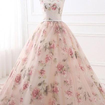 Unique Round Neck Printing Long Prom Gown, Evening..