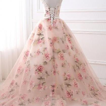 Unique Round Neck Printing Long Prom Gown, Evening..