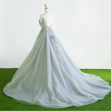 Elegant Court Grey Fringed Beaded Embroidered Tulle Train Classy Prom Dress main image 1