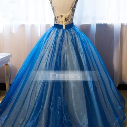 Unique V Neck Blue Embroidery Long Prom Dress