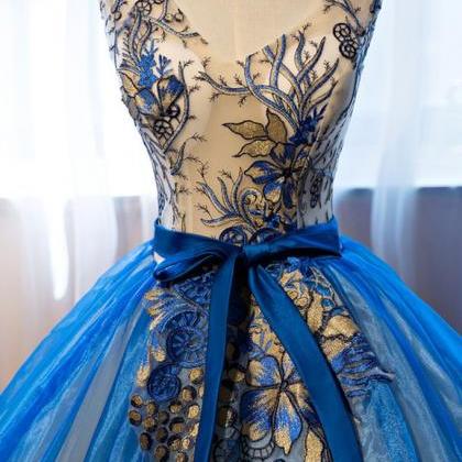 Unique V Neck Blue Embroidery Long Prom Dress