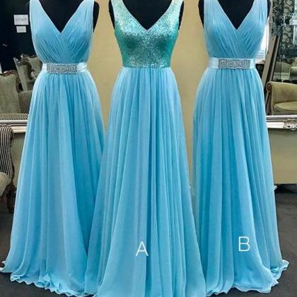 Blue V Neck Chiffon Long Prom Dress, Blue..