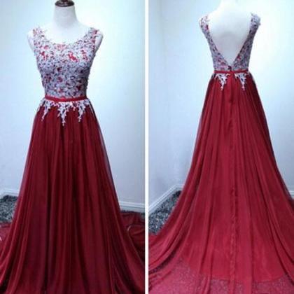 Burgundy A-line Chiffon Lace Long Prom Dress..