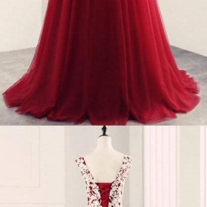 Dark Red Lace Applique Ball Gown Sweetheart Long..