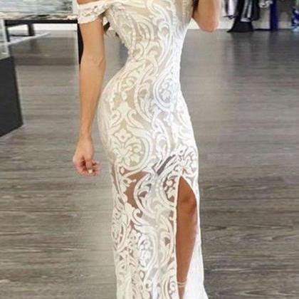 Sheath Lace Off-Shoulder Prom Dress Long Formal Dress Lace Evening Gown ...
