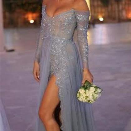 Long Sleeve Beaded Split Party prom..