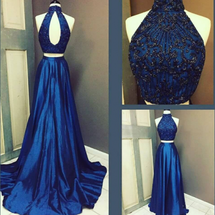 Dark Blue Two Pieces Long Prom Dress, Evening..