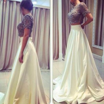 2 Pieces Short Sleeves Beaded Top Ivory Long Prom..