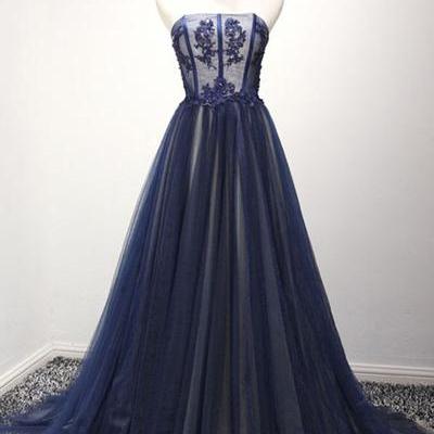 Strapless Navy Blue Tulle A-line Long Evening..