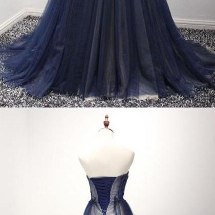 Strapless Navy Blue Tulle A-line Long Evening..