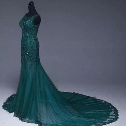 Emerald Green Tulle Mermaid Prom Dresses Lace..